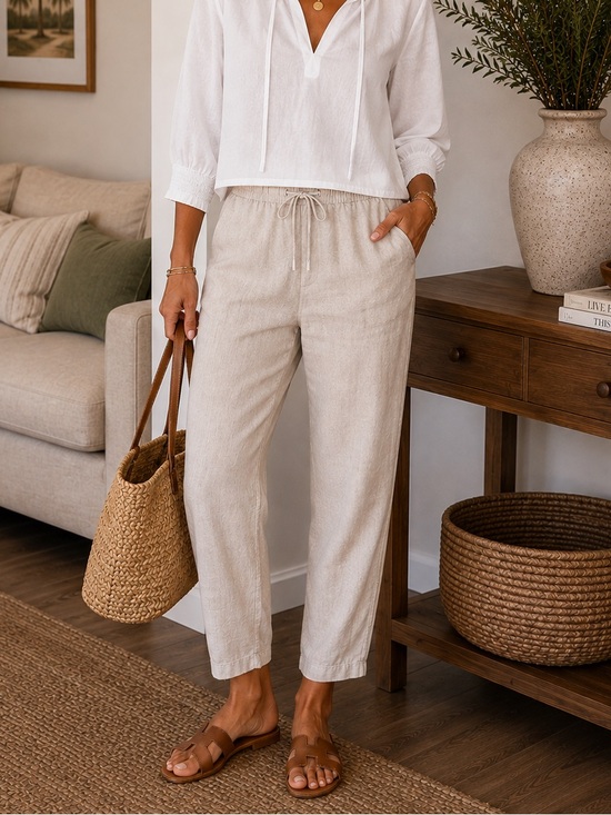 Pants - H&M Blend Linen Cotton Pull On Pants Oatmeal Beige‎ Drawstring Women’s Medium